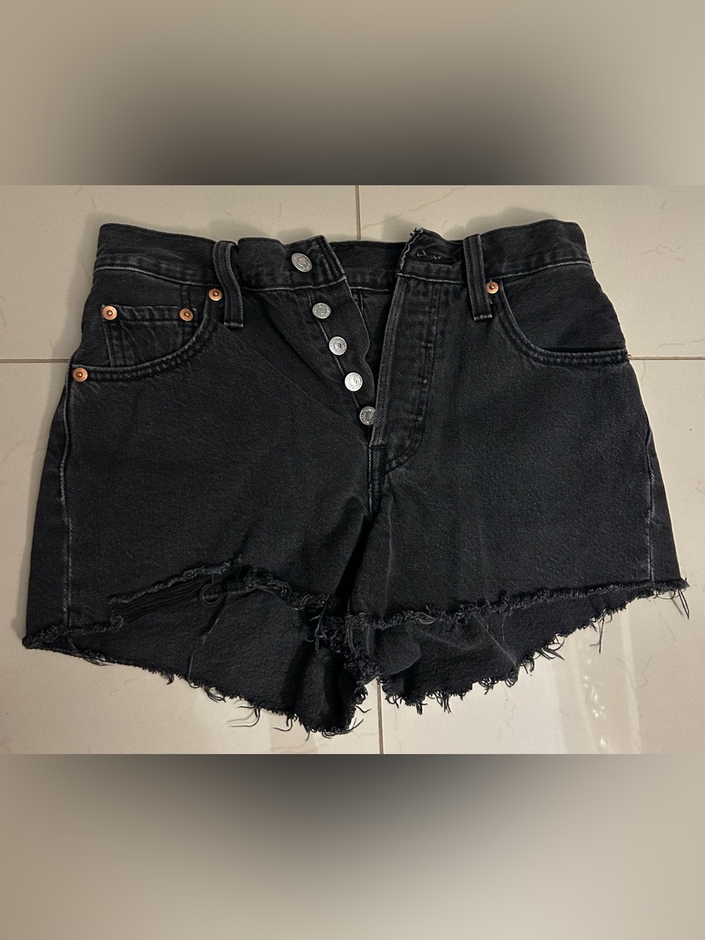 Levi’s 501 Original Black Denim Shorts W25 High Rise Distressed